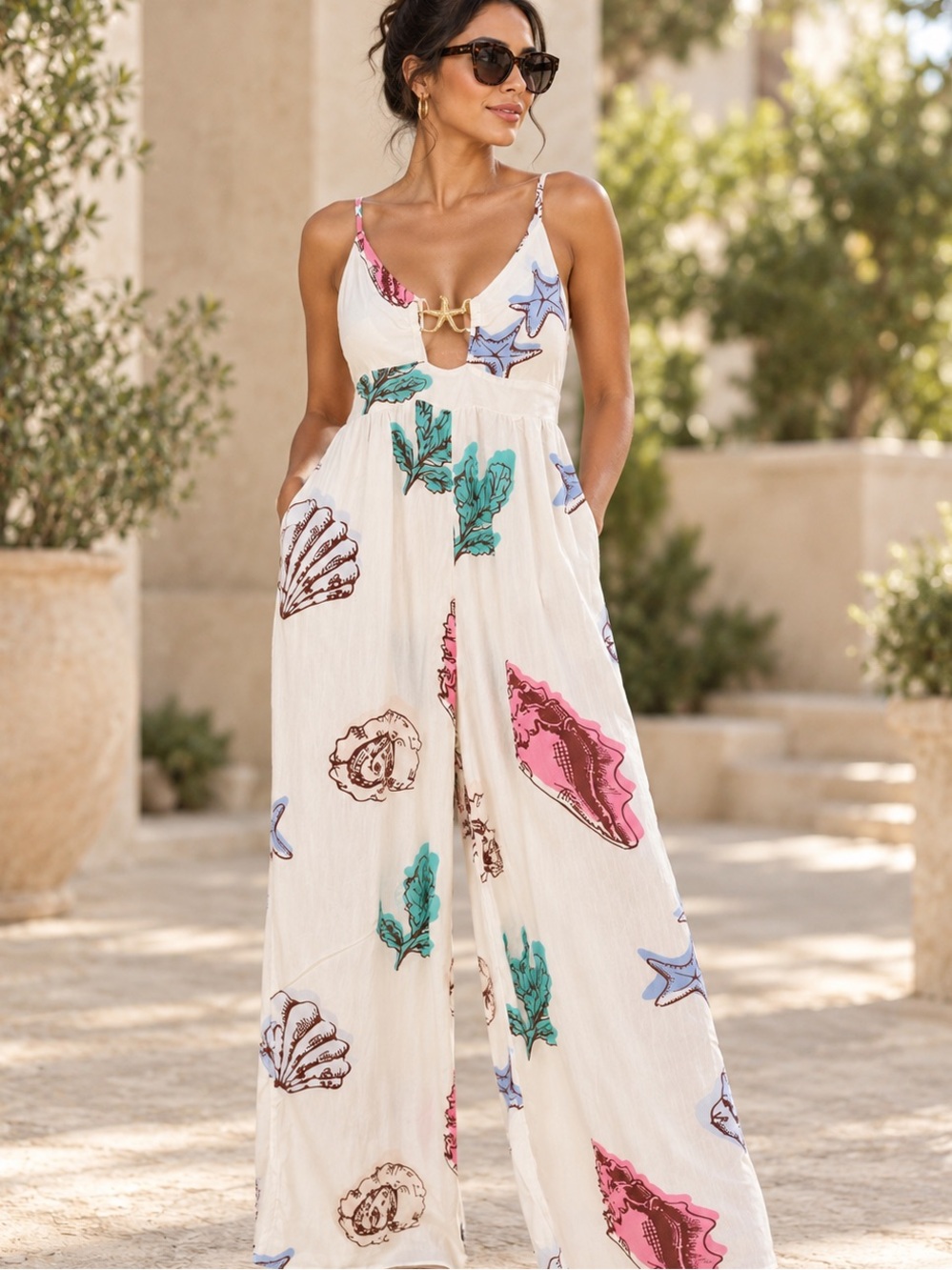 Surf Gypsy Seashell Print Wide Leg Jumpsuit Gold Starfish Size Small